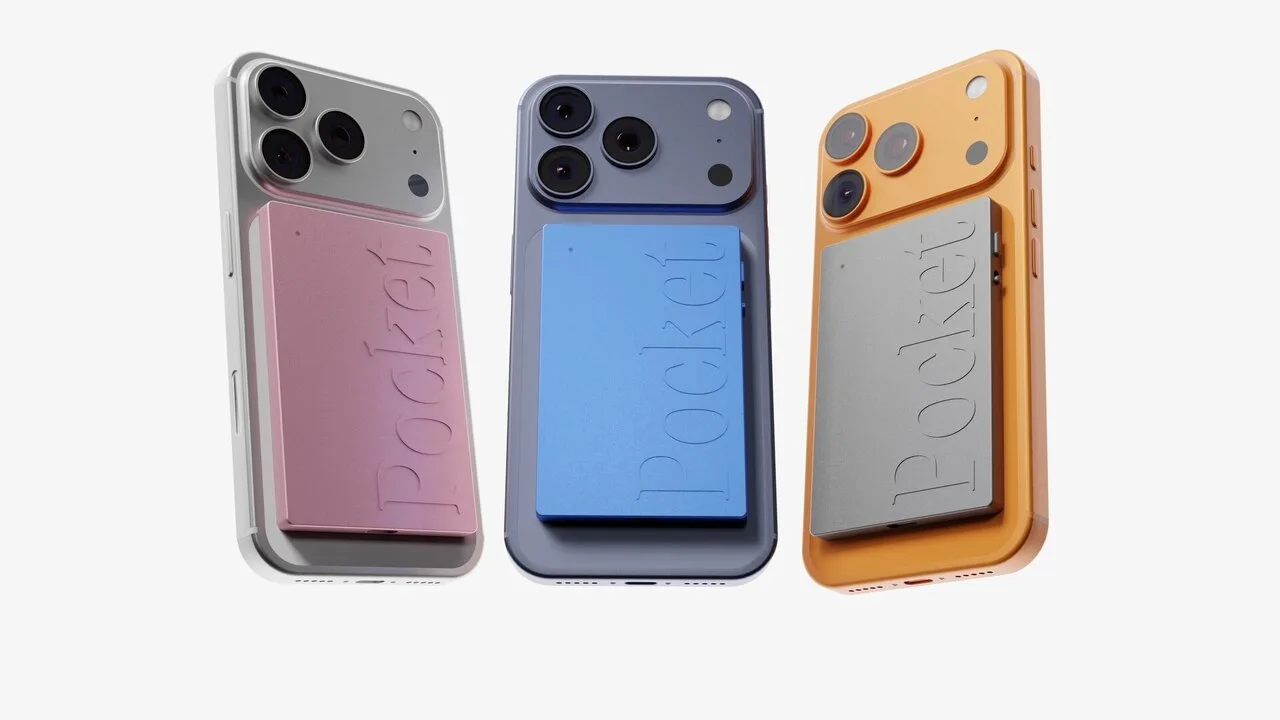 Pocket AI recorder in pink, blue and silver on the back of phones